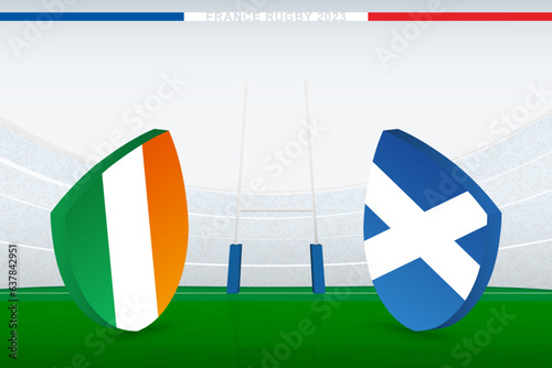 Match between Ireland and Scotland, illustration of rugby flag icon on rugby stadium.