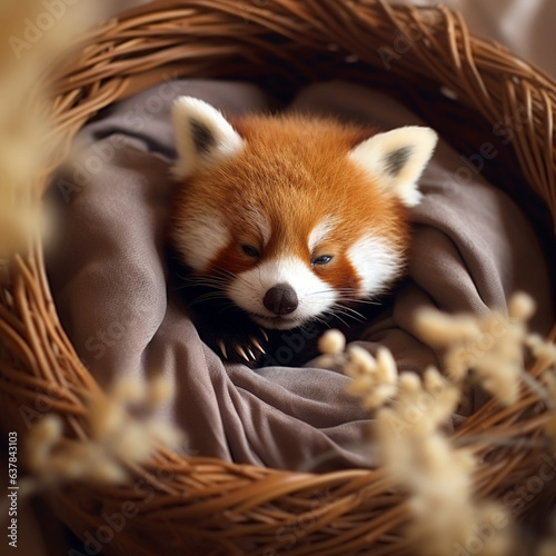photo of an adorable baby red panda sleeping on a very comfortable material, modern touch, studio look, bamboo props