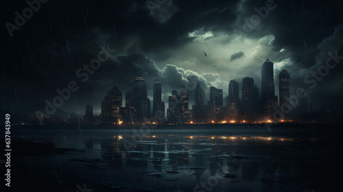 Ominous cityscape under dark sky