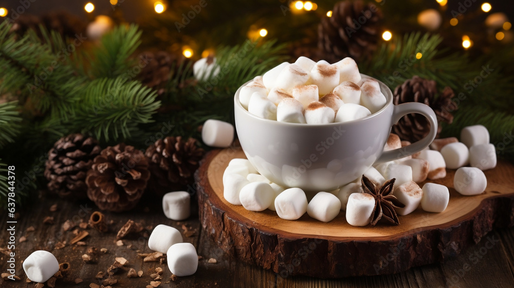 New year latte coffee cup with marshmallows on festive background new quality universal colorful technology illustration design generative ai New year latte coffee cup with marshmallows on festive background new quality universal colorful technology illustration design generative ai
