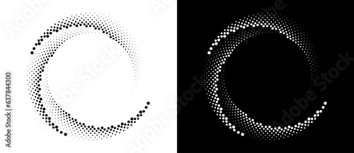 Modern abstract background. Halftone dots in circle form. Round logo. Vector dotted frame. Design element or icon. Black shape on a white background and the same white shape on the black side.