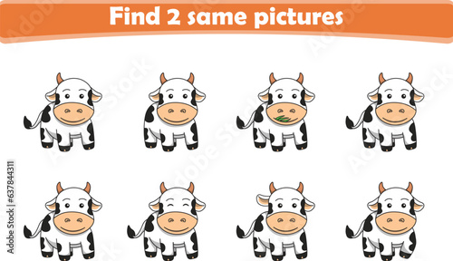 Fototapeta Naklejka Na Ścianę i Meble -  Funny cartoon cow. Find two same pictures. Educational game for children. Cartoon vector illustration