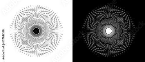 Art sun background. Tattoo template or logo with lines. Black shape on a white background and the same white shape on the black side.