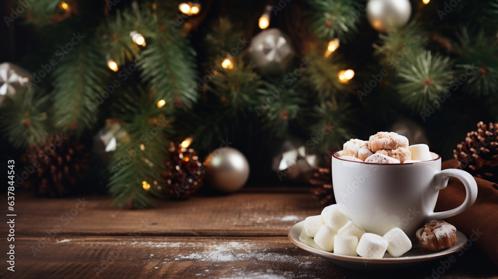 New year latte coffee cup with marshmallows on festive background new quality universal colorful technology illustration design generative ai