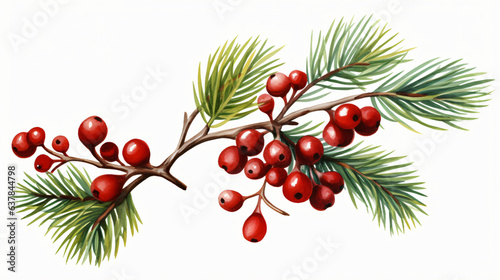 Pine branch with berries isolated on white background 