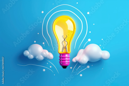 3D Render Light Bulb Floating on Cloudy Blue Background. Smart Thinking, Brainstorming and Creative Idea Concept. Generative Ai