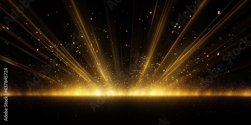 Glowing golden light effect on black background. Glittering abstract illustration. Luxury graphic design premium