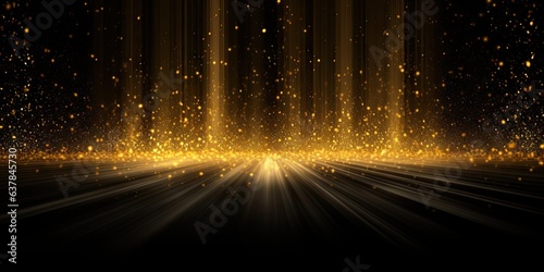 Glowing golden light effect on black background. Glittering abstract illustration. Luxury graphic design premium