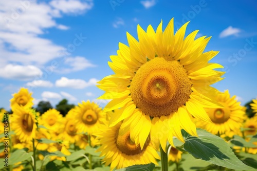 Sunflowers field and blue sky with white clouds. Beautiful agriculture field with yellow flowers. Rural landscape close-up.