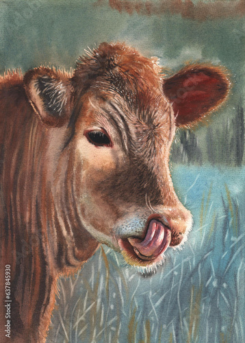 Portrait of a hornless brown cow, painted in watercolor. Large farm animal, realistic image.