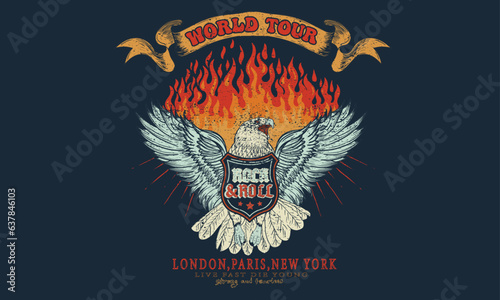 Music world tour. Eagle artwork. Rock and roll vector graphic print design for apparel, stickers, posters, background and others. Rebel rock music poster. Fire  t-shirt design. 