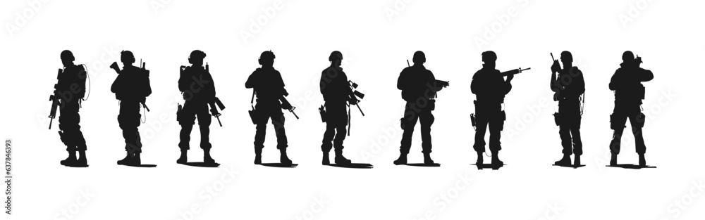 Set of black silhouettes of soldiers isolated on white background, vector illustration
