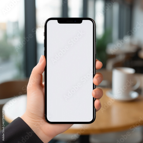 Smartphone mockup. businesswoman hand holding black phone white screen with generative Ai