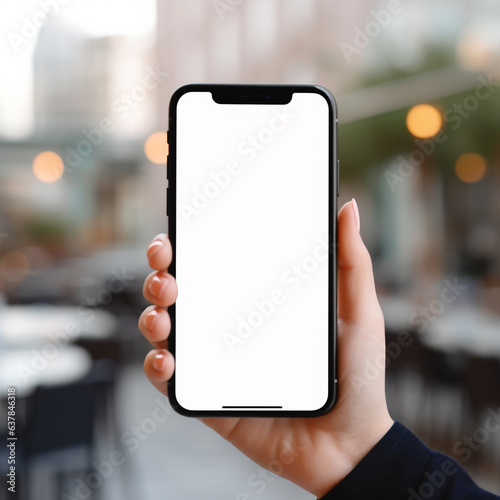 Smartphone mockup. businesswoman hand holding black phone white screen with generative Ai