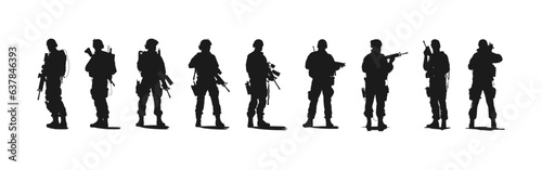 Set of black silhouettes of soldiers isolated on white background, vector illustration © Bamby