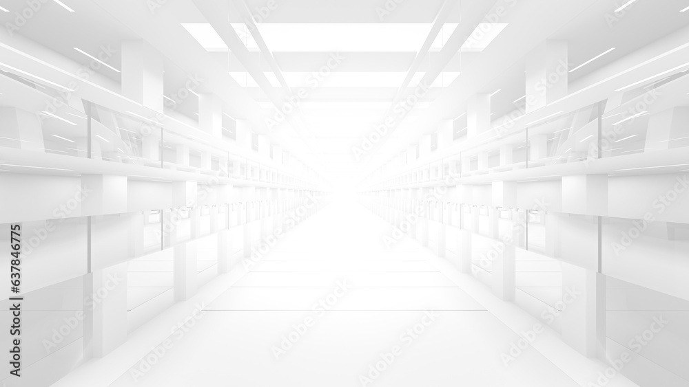 Corridor in space station or in laboratory and bright light from the destination.  Science elements and innovation background. 3D Render. - obrazy, fototapety, plakaty 
