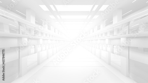 Fototapeta Naklejka Na Ścianę i Meble -  Corridor in space station or in laboratory and bright light from the destination.  Science elements and innovation background. 3D Render.
