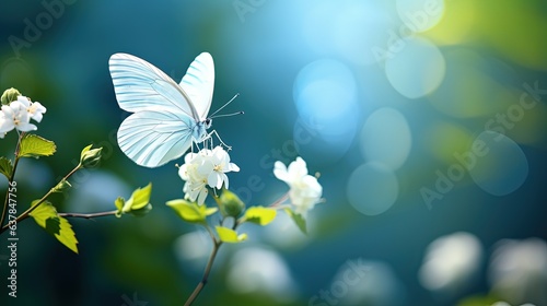 close up blue white butterfly suck sweet nectar from flowers that blossoming on tree branch, calm peaceful atmosphere, Generative Ai
