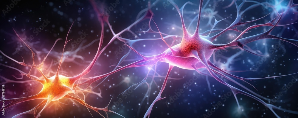Human brain showing neurons firing and neural extensions, panorama banner. Generative Ai. Human brain showing neurons firing and neural extensions, panorama banner. Generative Ai.