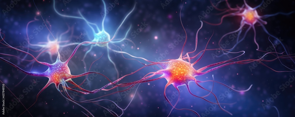 Human brain showing neurons firing and neural extensions, panorama banner. Generative Ai. Human brain showing neurons firing and neural extensions, panorama banner. Generative Ai.