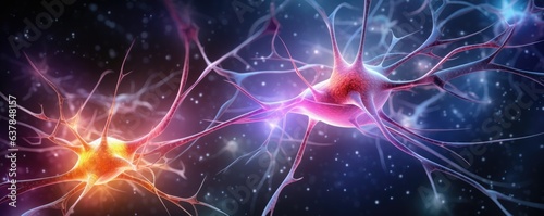 Human brain showing neurons firing and neural extensions, panorama banner. Generative Ai.