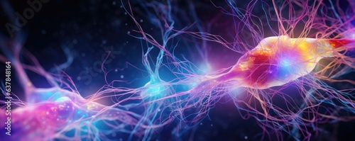 Human brain showing neurons firing and neural extensions, panorama banner. Generative Ai.