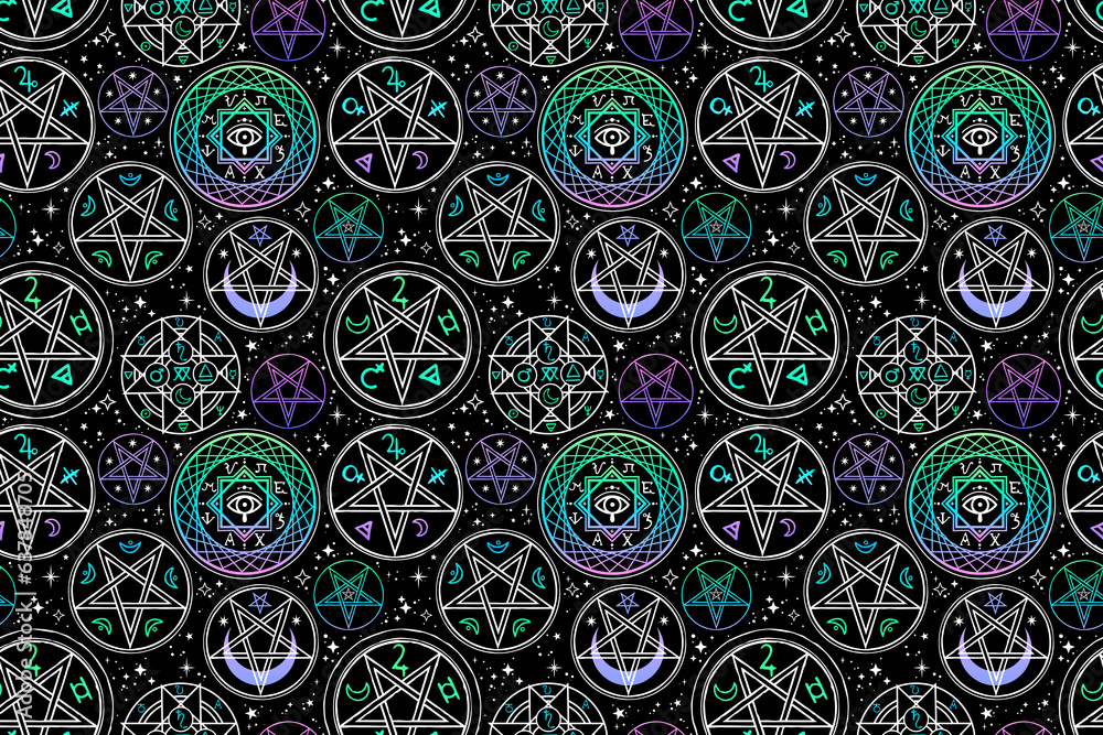 Seamless pattern of different mystical symbols and circles Seamless pattern of different mystical symbols and circles