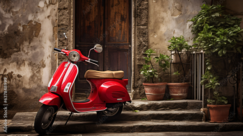 Red scooter with old door balcony background