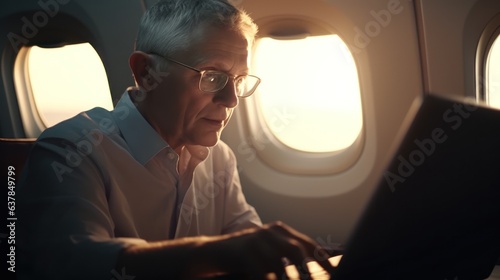 Senior businessman travels business class aboard a private jet. Man works on a laptop near the porthole. Business traveling concept. © Acronym