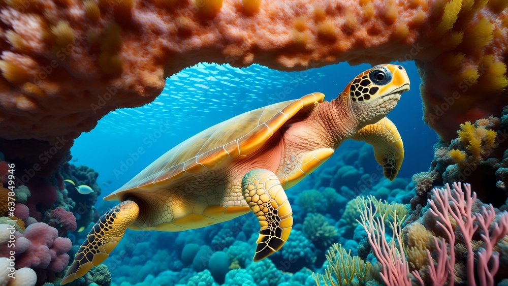 Fototapeta premium Exploring the Vibrant Underwater World with Turtles, Colorful Fish, and Coral Reefs ai generated
