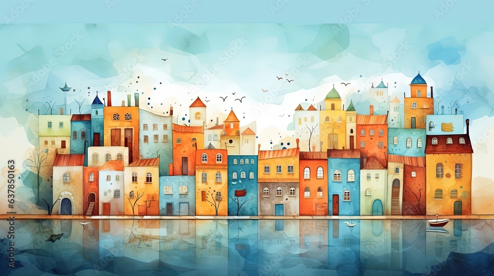 watercolor painting style illustration of beautiful cityscape in autumn time, Generative Ai