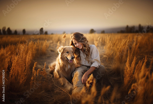Beautiful Girl with Golden Retrievers in a Field. AI © Julia