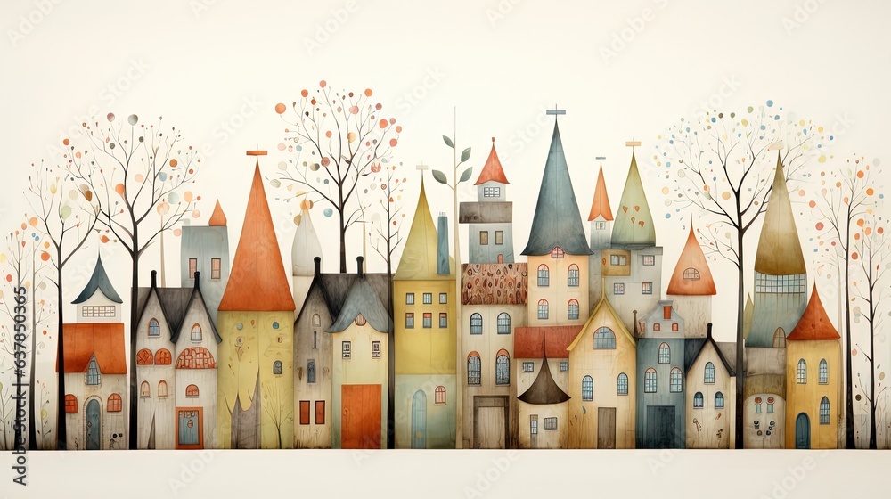 watercolor painting style illustration of beautiful cityscape in autumn time, Generative Ai