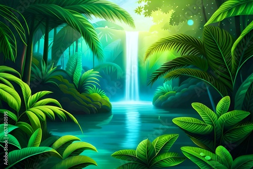 Tropical Plants Illuminated with Green and Blue Fluorescent Light. Rainforest Environment with Diamond shaped Neon Frame