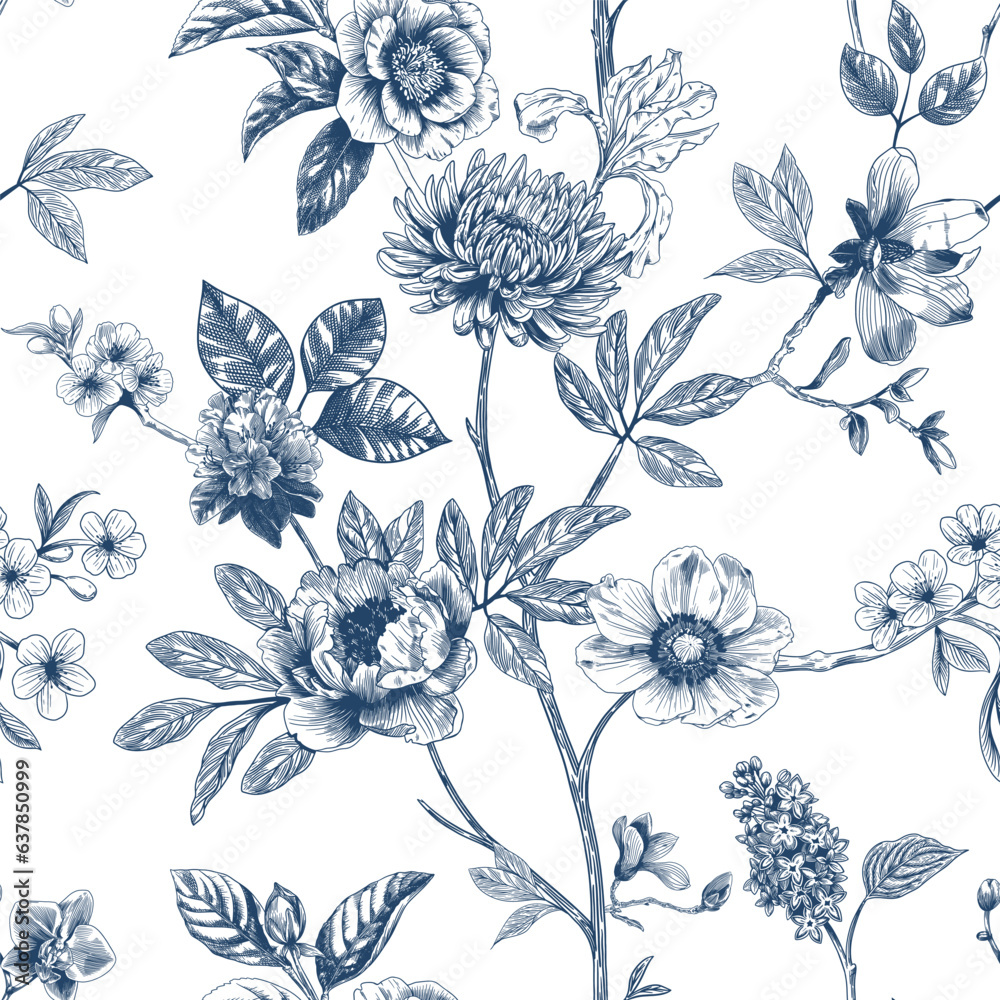 Abstract modern floral seamless pattern with hand drawn flower in Toile de jouy style. Retro elegance repeat print. Vintage design for fabric, wallpaper wrapping - obrazy, fototapety, plakaty 