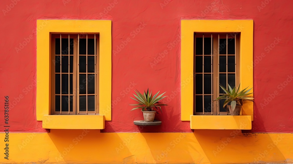 abstract yellow concrete wall background with pot plant and wooden vintage window, Generative Ai