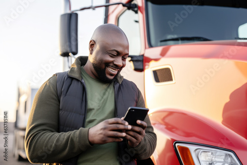Portrait of a happy smiling African american truck driver standing by the truck and using his phone. 