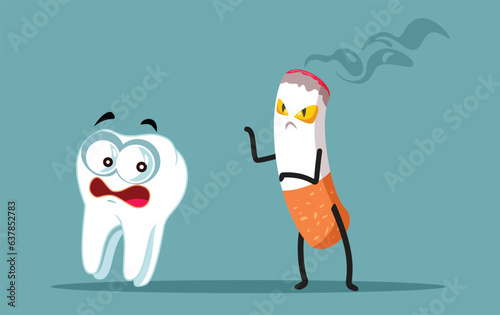 Evil Cigarette Running After a Fearful Tooth Vector Illustration. Scared molar being afraid of dangerous smoking 
