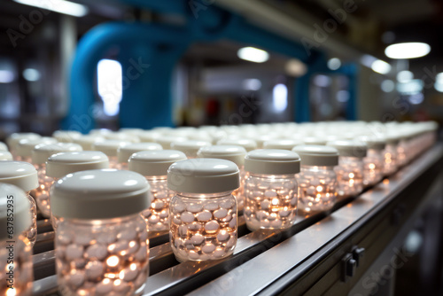 Pills on conveyor in pharmaceutical factory