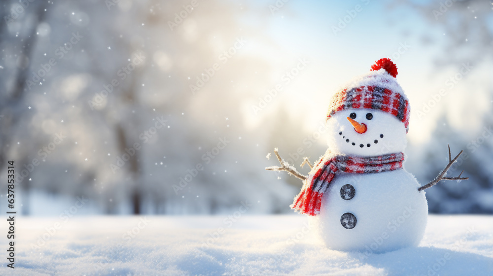 snowman wearing a hat with trees in background.  on snowy scenery in the winter christmas season