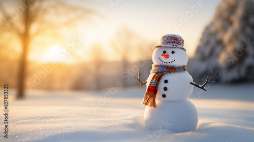 snowman wearing a hat with trees in background.  on snowy scenery in the winter christmas season