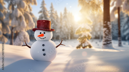 snowman wearing a hat with trees in background.  on snowy scenery in the winter christmas season © Tkz26 Graphics