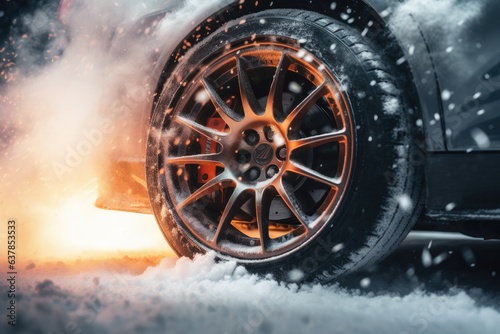 Drifting fast sports car on snowy wet road with skid, car accident, fire. Generative Ai.