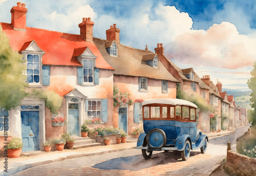 An exquisite watercolor illustration featuring a quaint vintage town with streets adorned by an antique car. Set in the early 20th century, charming red-roofed houses line the picturesque scene. 