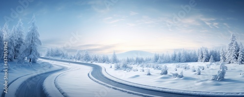 Winter snowy wet road in the snowing winter season, banner panorama. Generative Ai.