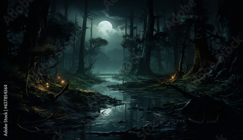 Enigmatic Forest at Midnight, Mysterious Swamp Illustration