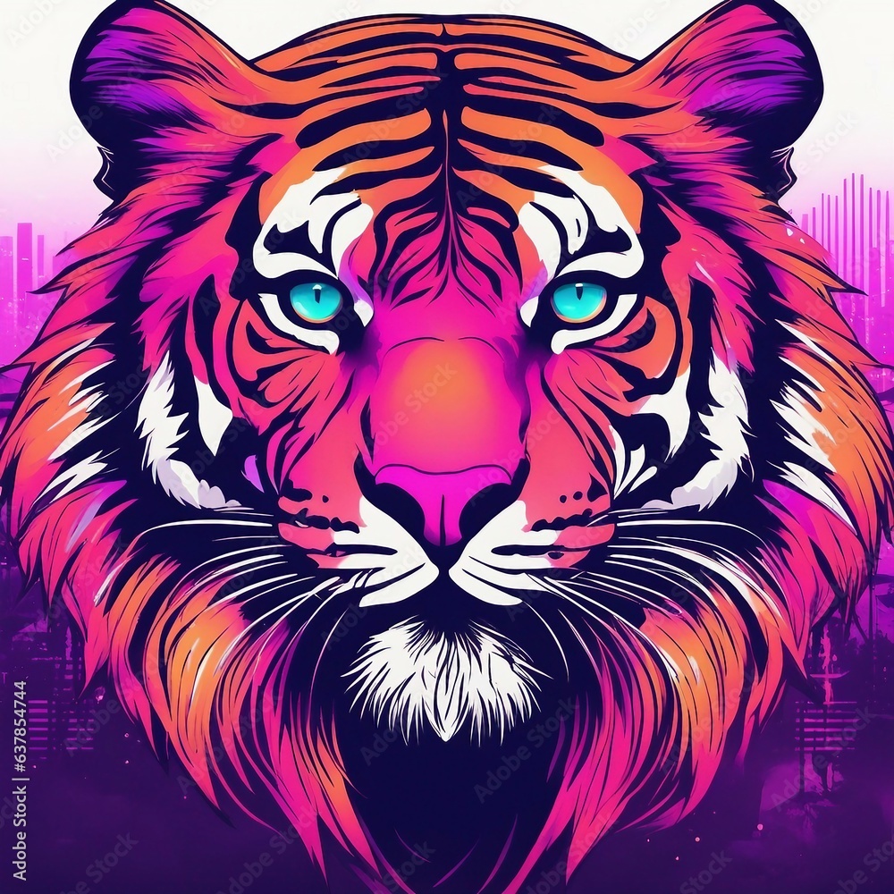 A roaring tiger in neon 80s style colors 