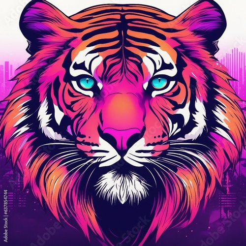 A roaring tiger in neon 80s style colors 