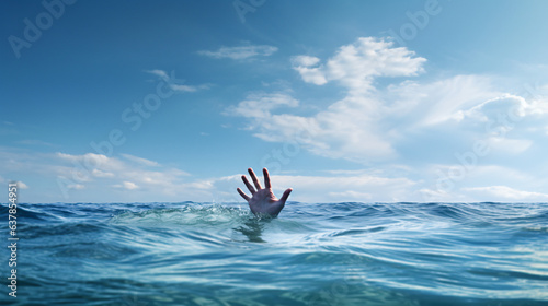 SOS help man drowing hand on blue rippled ocean