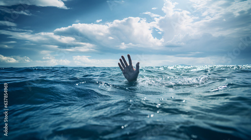 SOS help man drowing hand on blue rippled ocean